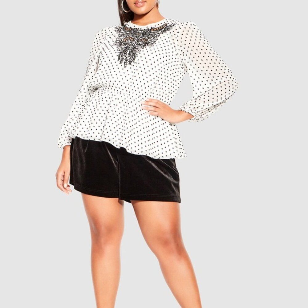 ✨CITY CHIC✨ 'Verity' Polka Dot Peplum Hem Blouse - [Size 16, Ivory/Black]